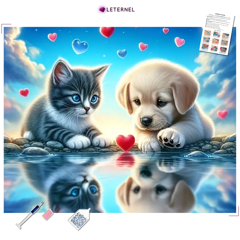 Broderie Diamant - Amour chaton et chiot