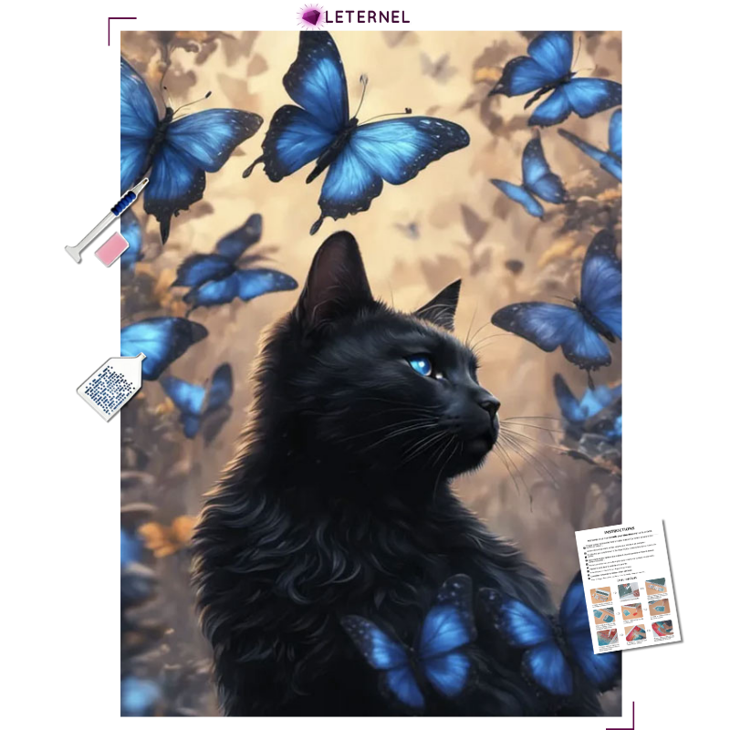 Broderie Diamant - Chat noir et papillons