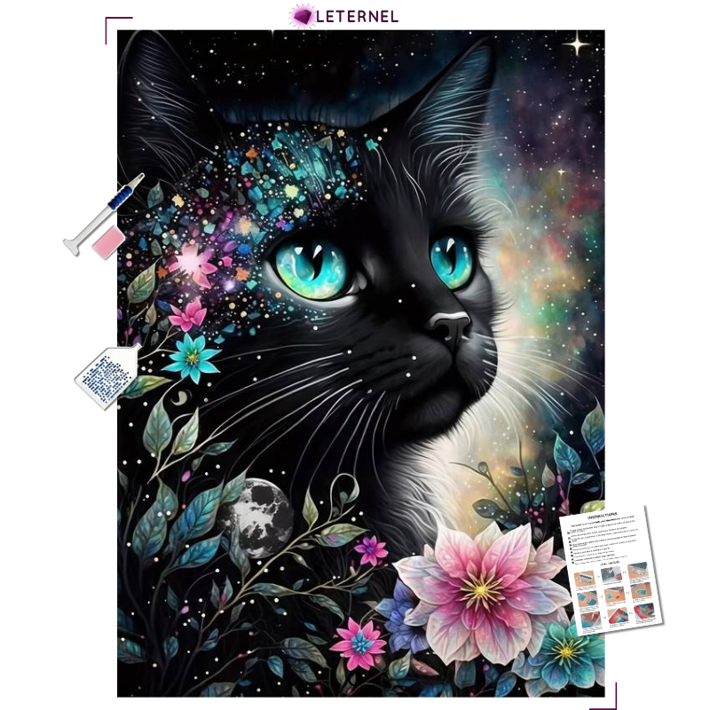 Broderie Diamant - Chat noir floral