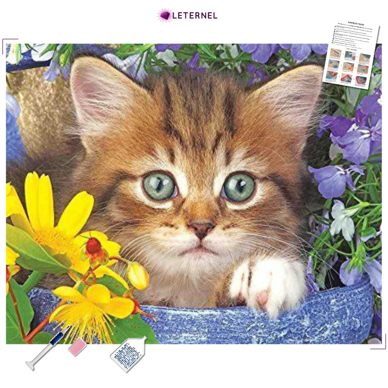 Broderie Diamant - Chaton fleurs