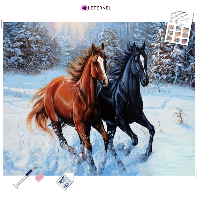 Broderie Diamant - Duo chevaux neige