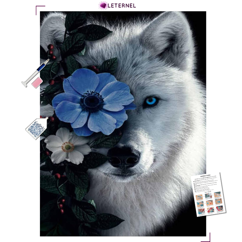 Broderie Diamant - Loup fleur bleue