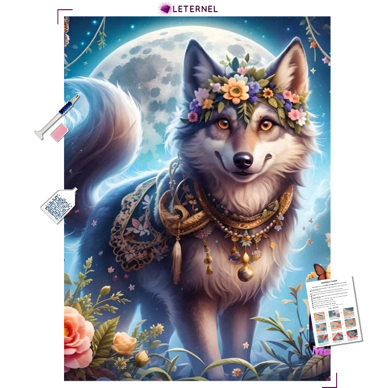 Broderie Diamant - Loup floral lune